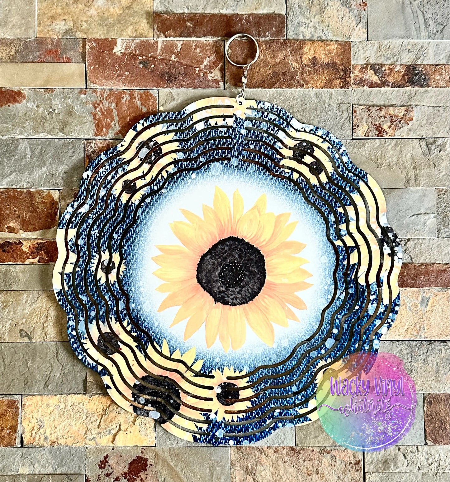 Denim Sunflower Wind Spinner Wacky Vinyl Whatnots, LLC