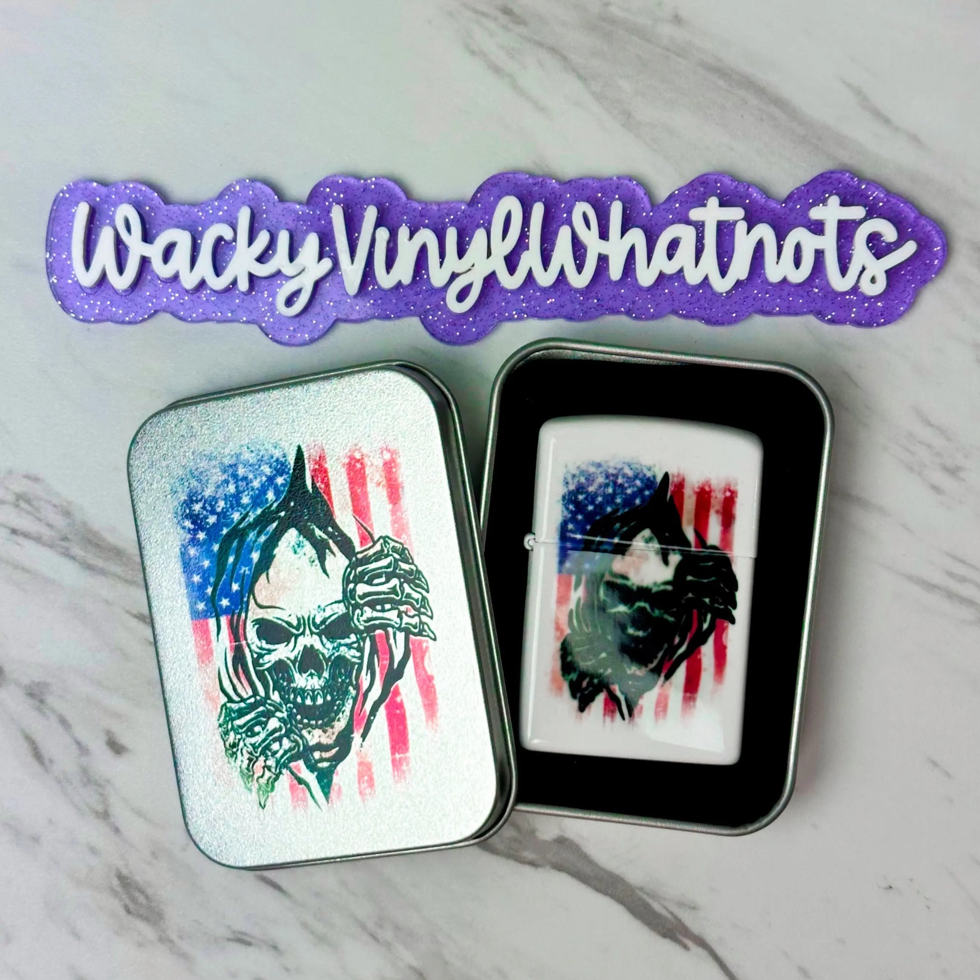 Skull with US Flag Refillable Lighter Wacky Vinyl Whatnots, LLC