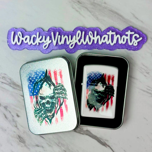 Skull with US Flag Refillable Lighter Wacky Vinyl Whatnots, LLC