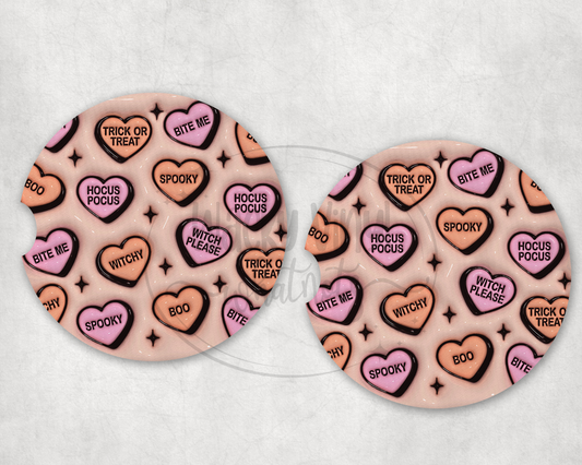 Spooky Candy Hearts Car Coasters Wacky Vinyl Whatnots, LLC