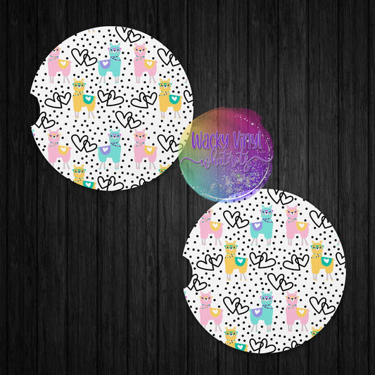 Lama with Hearts Car Coasters Wacky Vinyl Whatnots, LLC