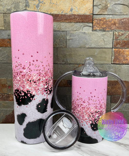 Mommy & Me Pink Glitter/Cow Print Tumbler Set Wacky Vinyl Whatnots, LLC