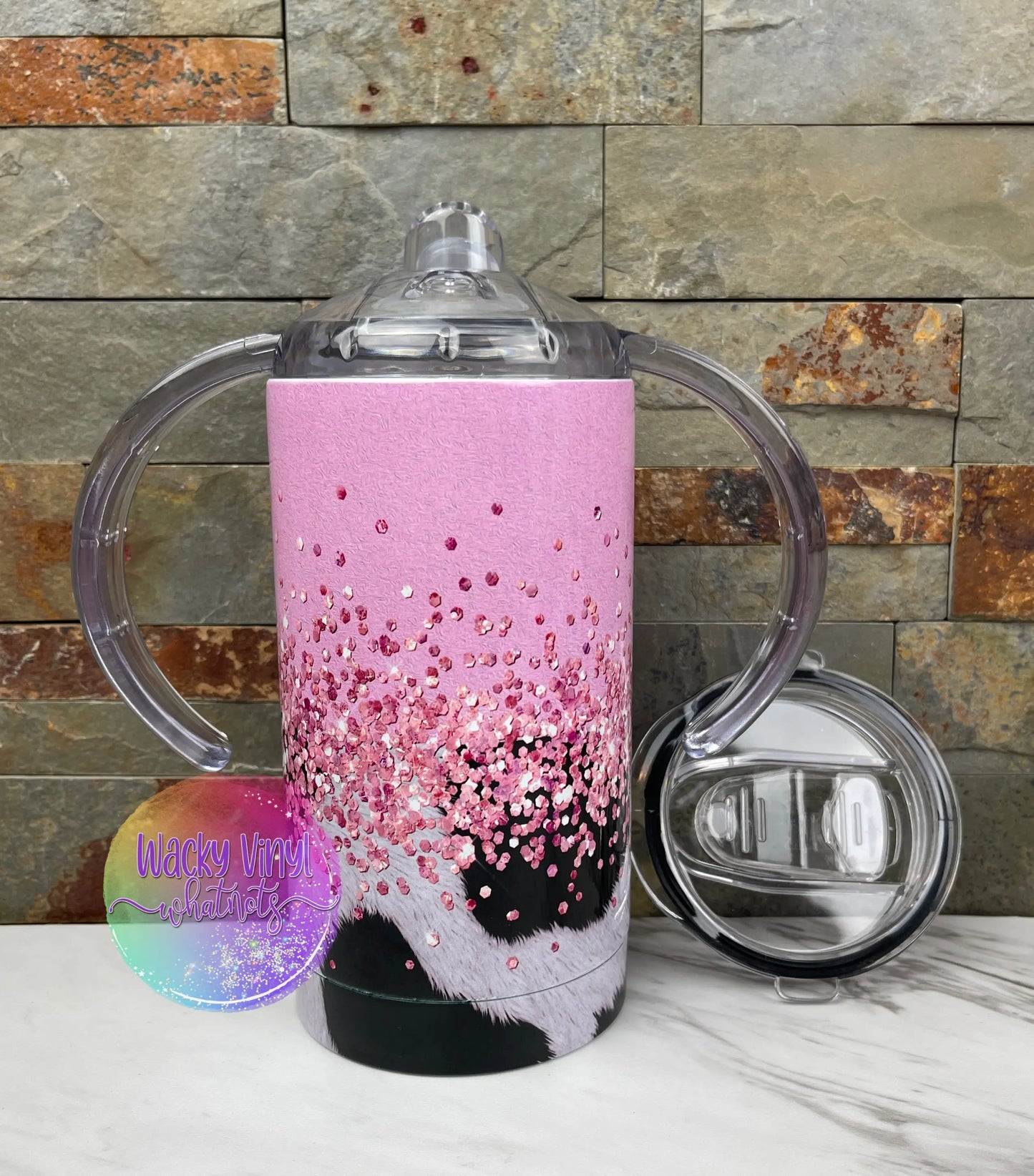 Mommy & Me Pink Glitter/Cow Print Tumbler Set Wacky Vinyl Whatnots, LLC