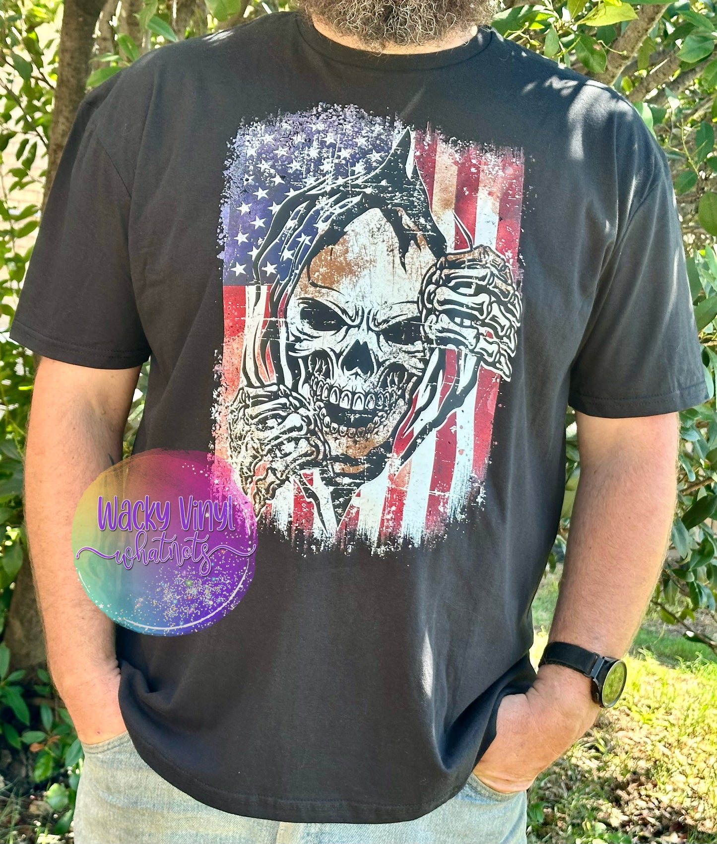 Distressed Flag w/ Skull Tee Wacky Vinyl Whatnots, LLC