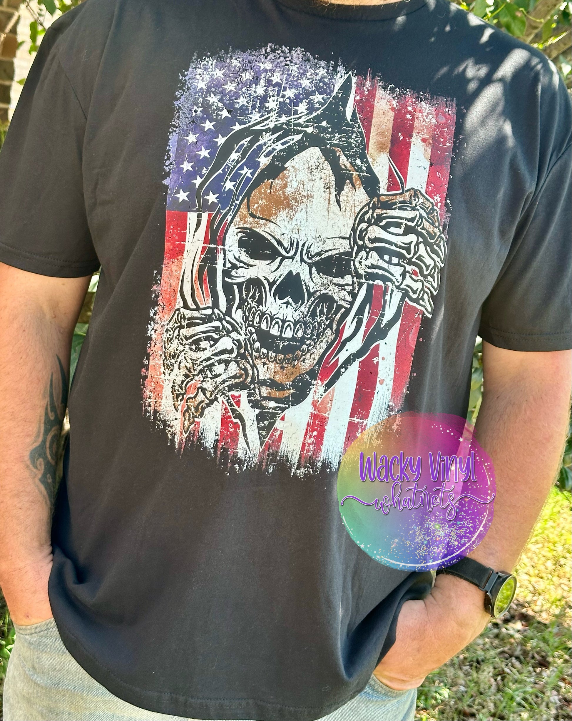 Distressed Flag w/ Skull Tee Wacky Vinyl Whatnots, LLC