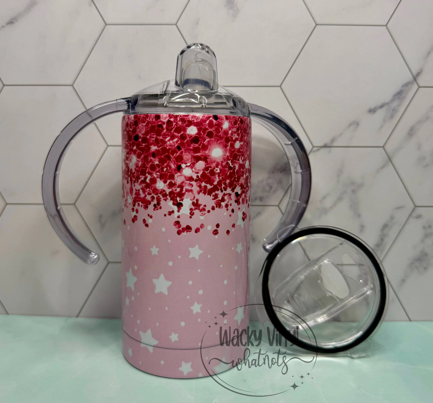 Pink Glitter & Stars Sippy Duo Tumbler Wacky Vinyl Whatnots, LLC