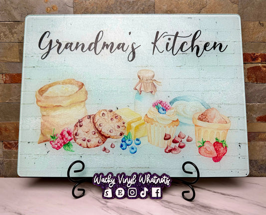 Grandma's Kitchen Glass Cutting Board - Large Wacky Vinyl Whatnots, LLC