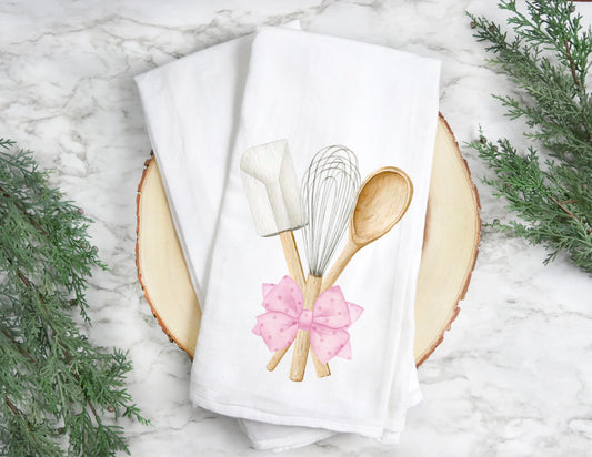 Kitchen Utensil with Pink Bow Dish Towel Wacky Vinyl Whatnots, LLC