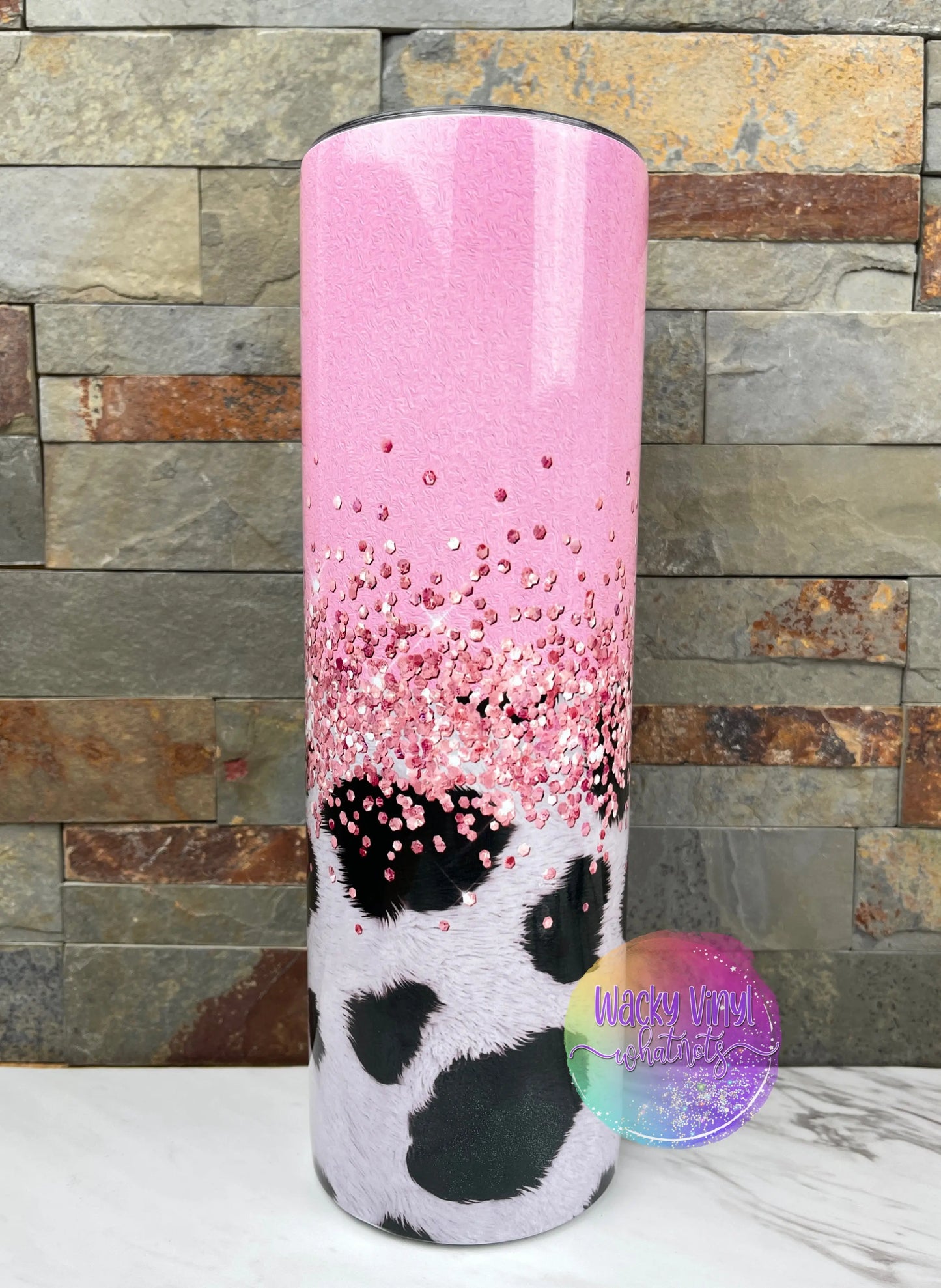 Mommy & Me Pink Glitter/Cow Print Tumbler Set Wacky Vinyl Whatnots, LLC