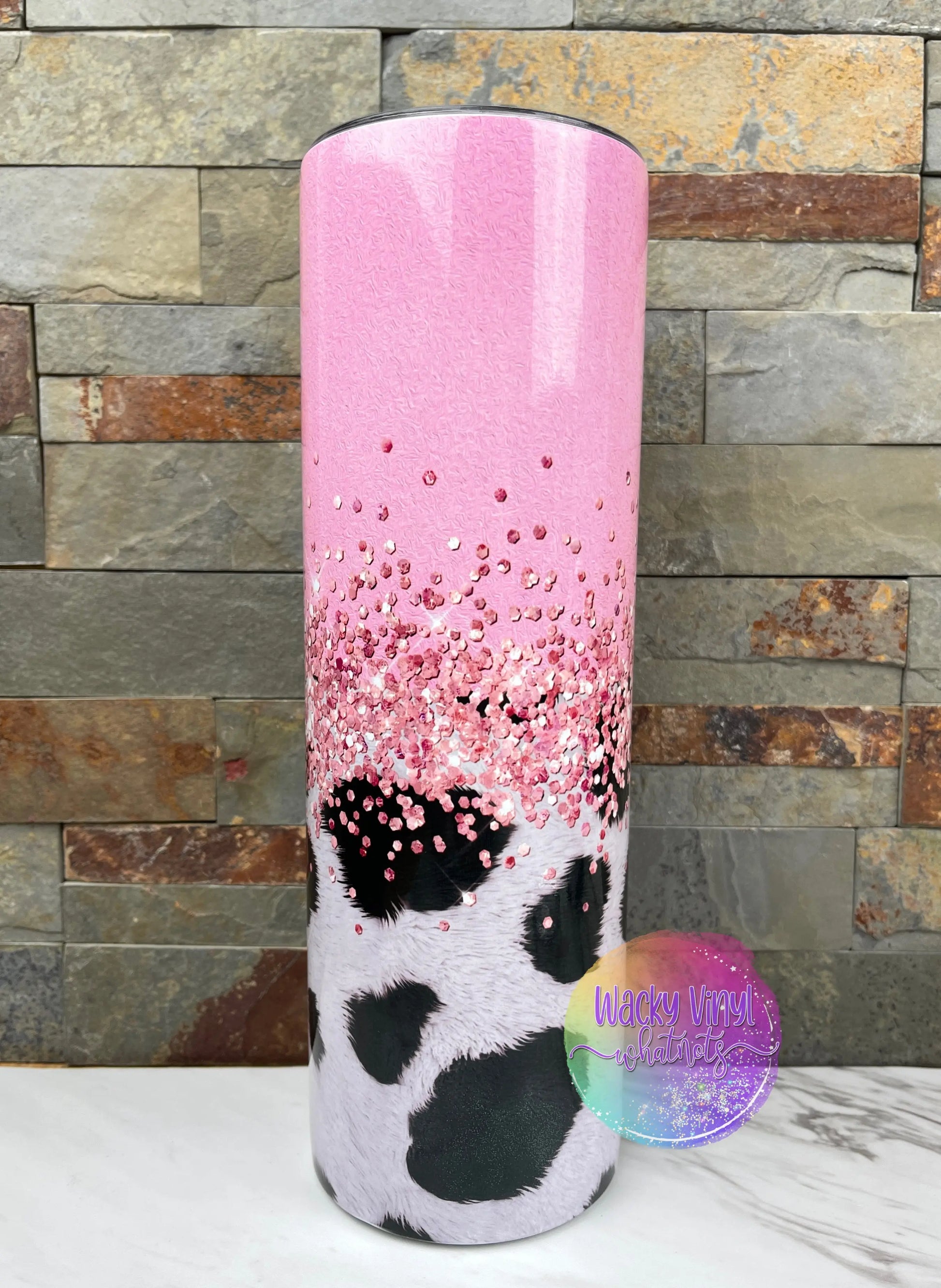 Cow Print Faux Pink Glitter Tumbler, Personalized!